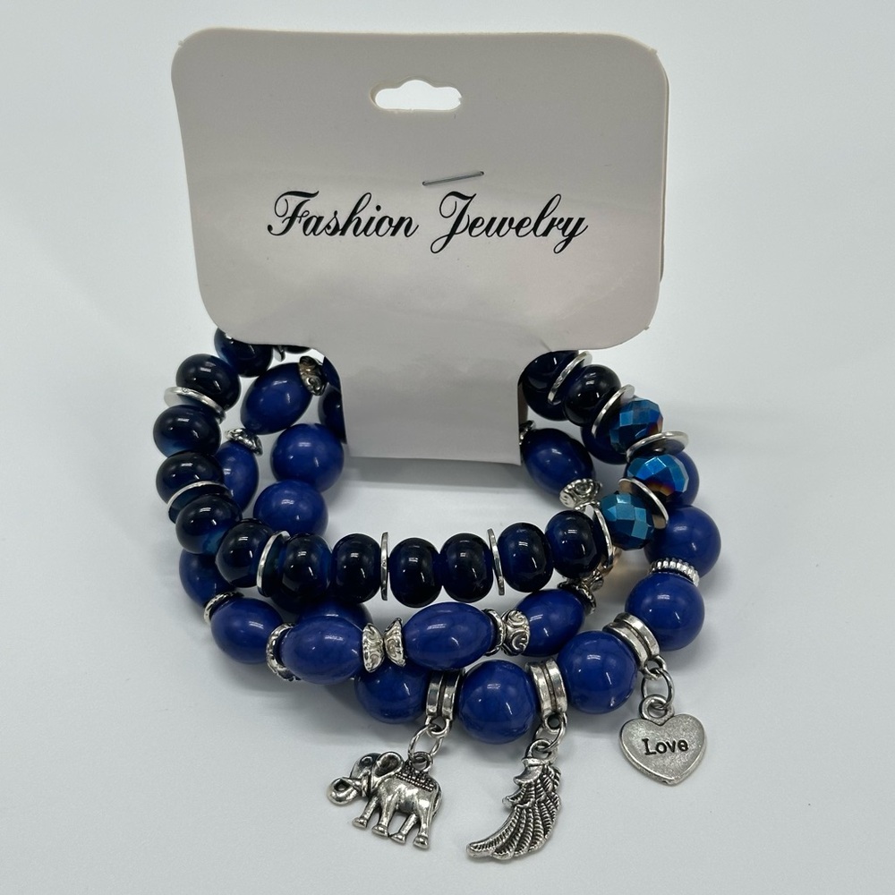 NWT 3 Piece Boho Stretch Bracelets Angel Wing Heart Elephant Charms Blue Silver